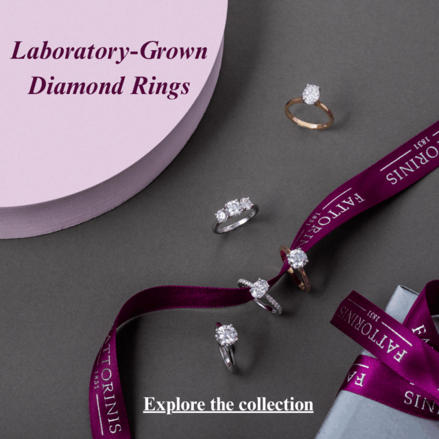 Laboratory-grown diamond rings from Fattorinis Harrogate, paired with the Provenance Collection in the same cabinet