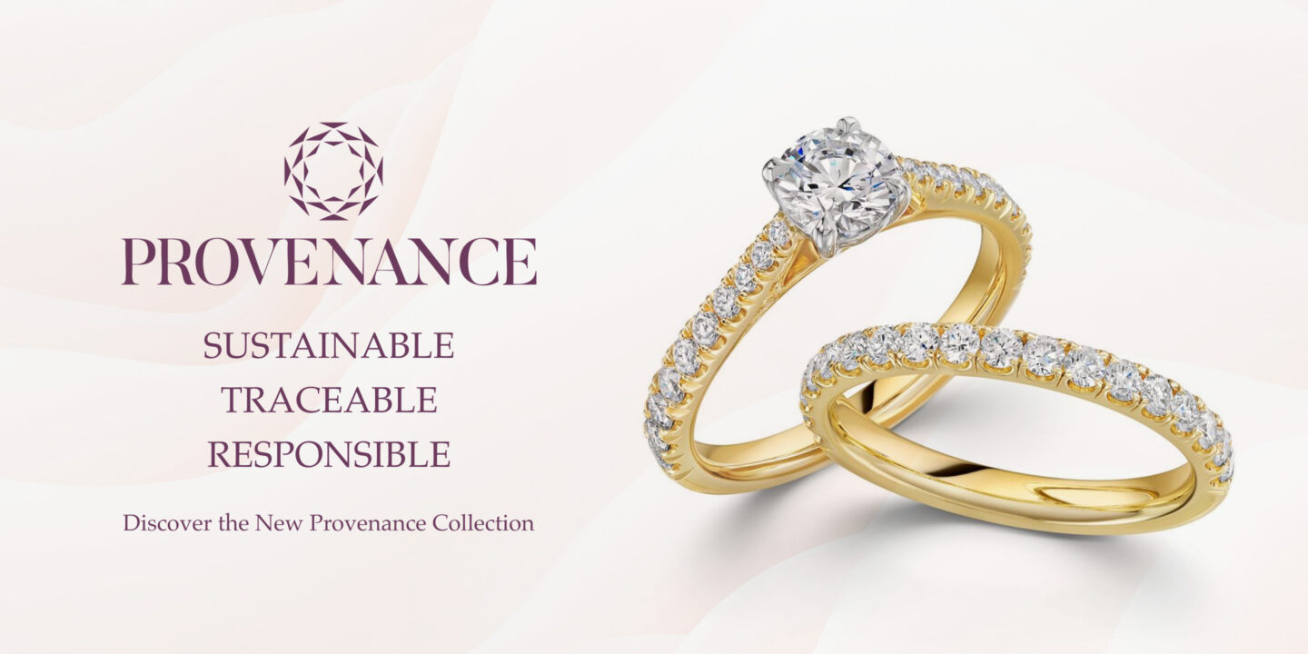 The Provenance Collection by Fattorinis, photographed on travertine, with the Phoenix Cut diamond at the centre